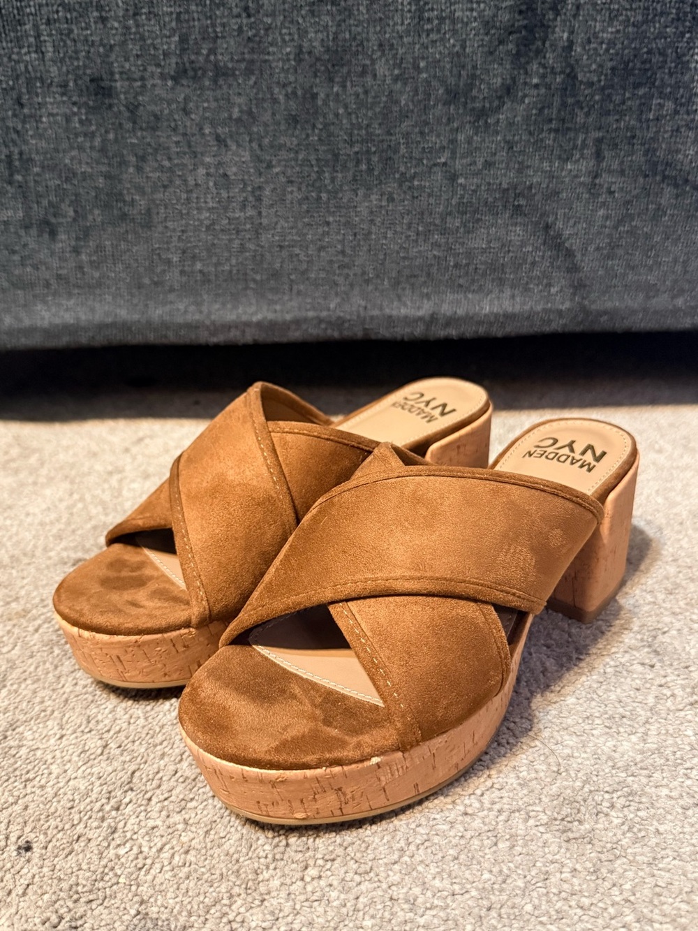 Madden NYC Krisi Cognac Crossover Strap Cork Heeled Sandals Size 6.5